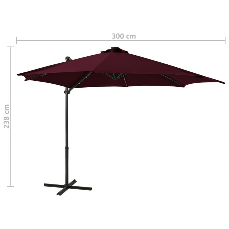 Parasol wiszący z LED i słupkiem, bordowy, 300 cm