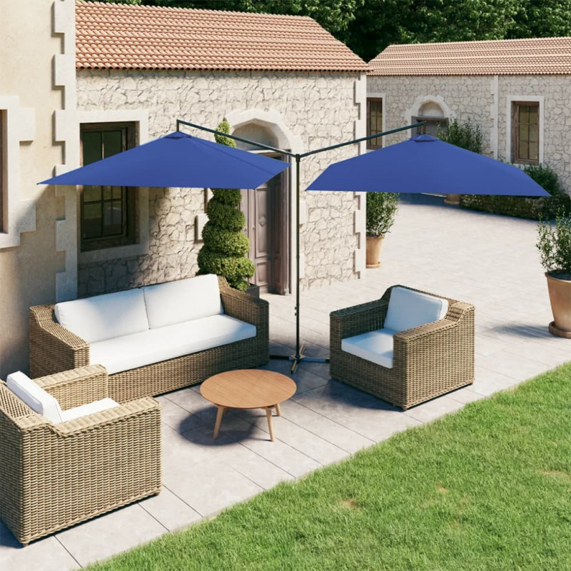 Podwójny parasol ogrodowy, stalowy słupek, niebieski 600x300 cm