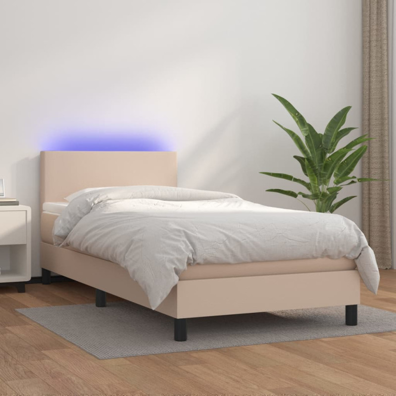 Łóżko kontynentalne, materac i LED cappuccino ekoskóra 90x200cm