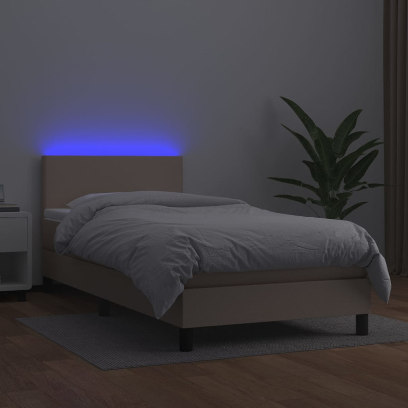 Łóżko kontynentalne, materac i LED cappuccino ekoskóra 90x200cm