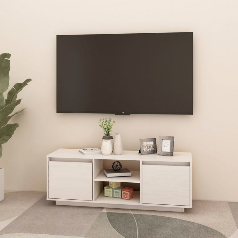 Szafka pod telewizor, biała, 110x30x40 cm, lite drewno sosnowe