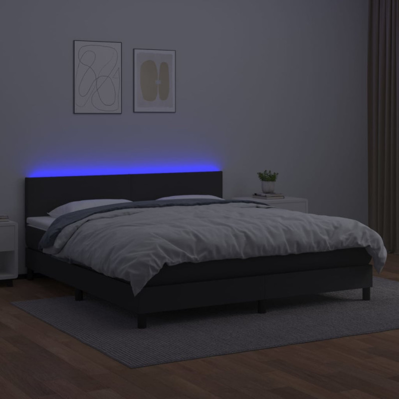 Łóżko kontynentalne z materacem i LED czarna ekoskóra 180x200cm