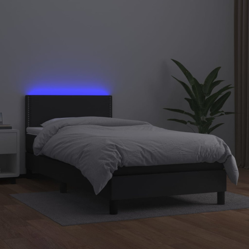 Łóżko kontynentalne z materacem i LED czarna ekoskóra 80x200 cm