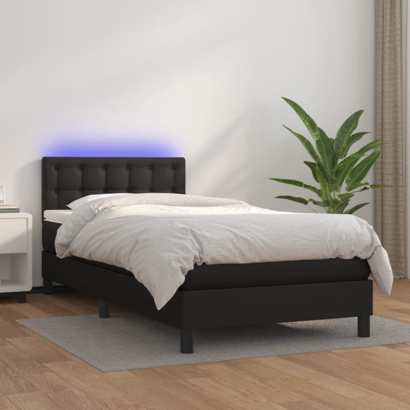 Łóżko kontynentalne z materacem i LED czarna ekoskóra 100x200cm