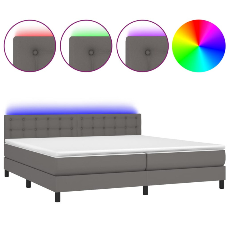 Łóżko kontynentalne z materacem i LED, szara ekoskóra 200x200cm