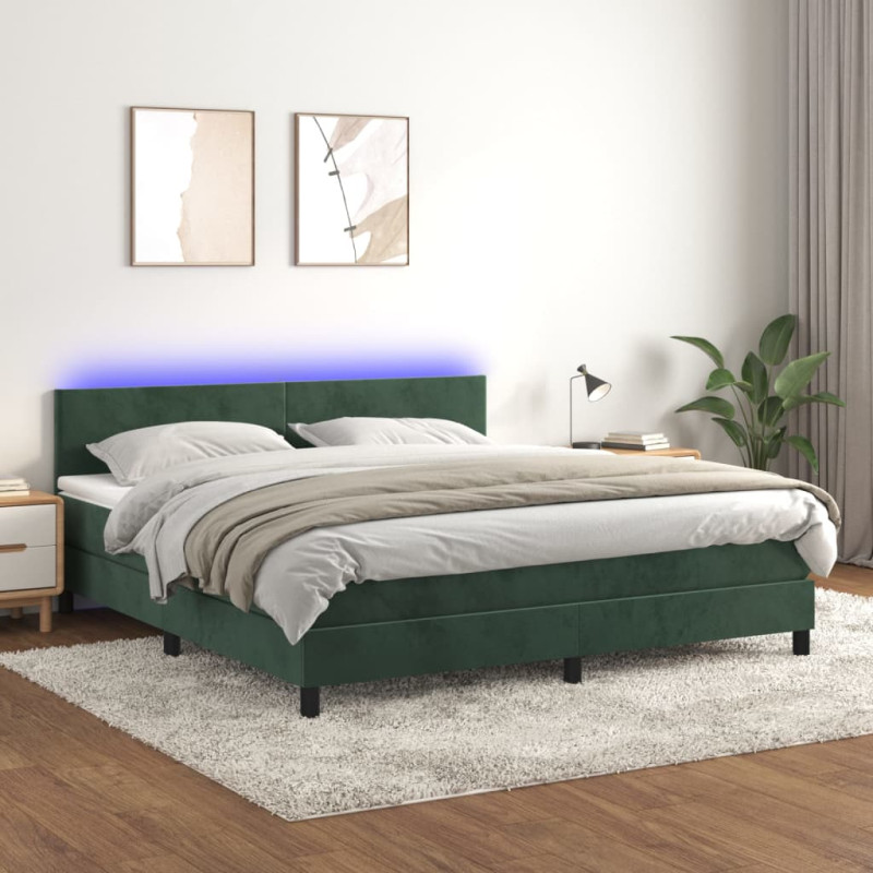 Łóżko kontynentalne z materacem i LED zielony aksamit 180x200cm