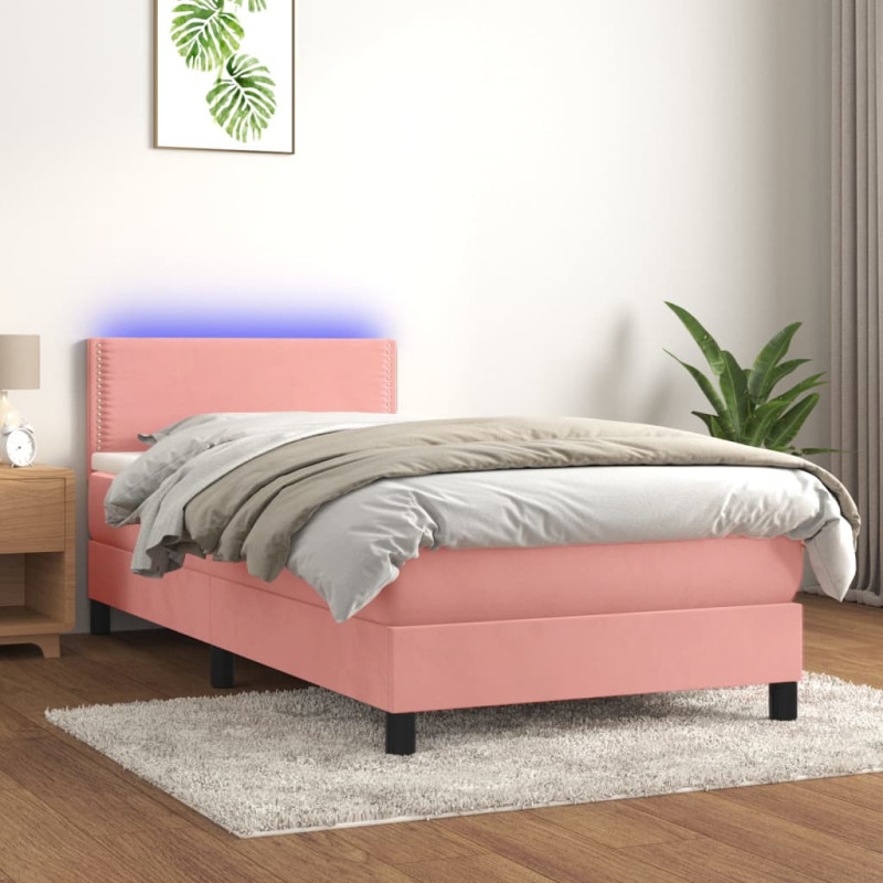 Łóżko kontynentalne z materacem i LED, różowy aksamit 80x200 cm