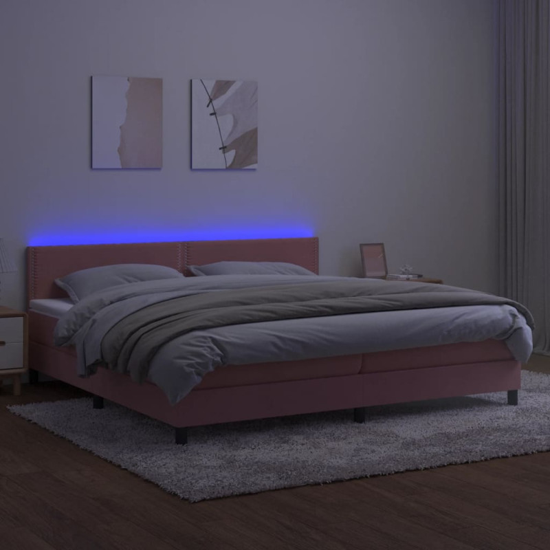 Łóżko kontynentalne z materacem i LED, różowy aksamit 200x200cm