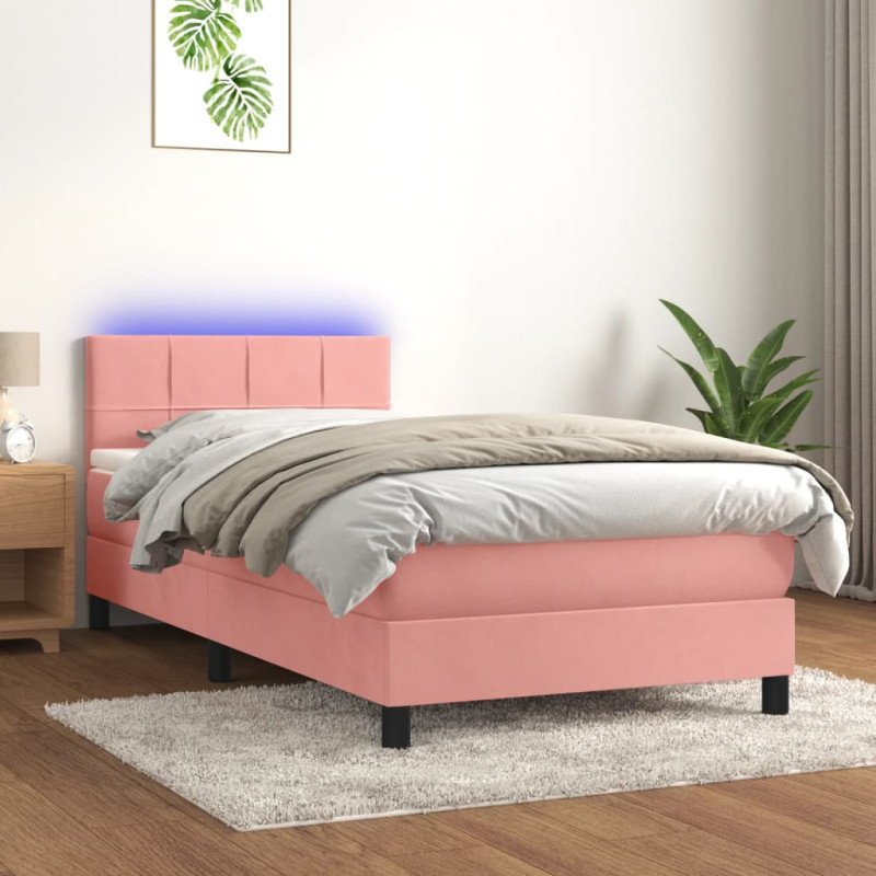 Łóżko kontynentalne z materacem i LED, różowy aksamit 90x190 cm