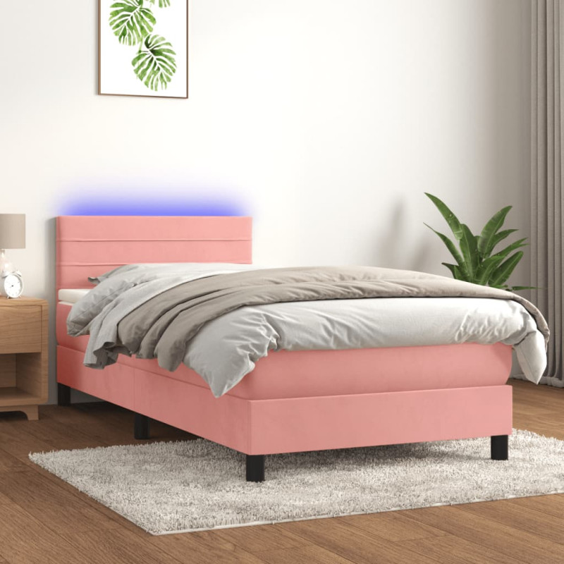 Łóżko kontynentalne z materacem i LED, różowy aksamit 90x200 cm