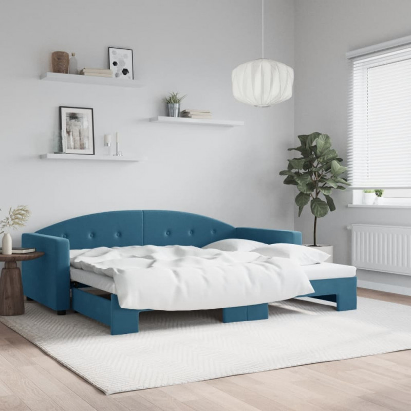 Sofa rozsuwana, niebieska, 90x200 cm, aksamit