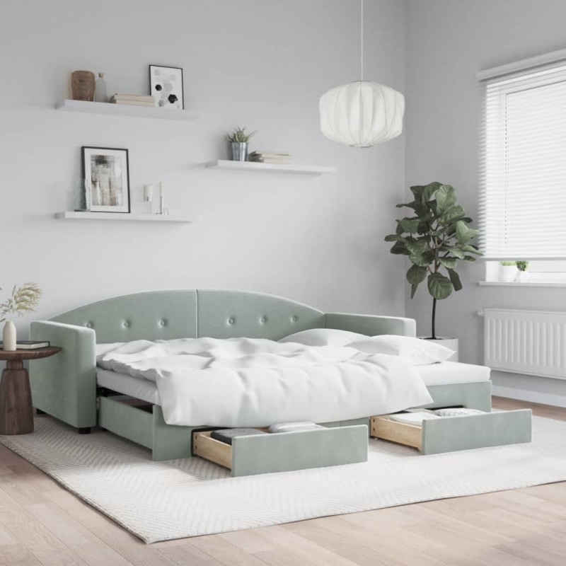 Sofa rozsuwana z szufladami, jasnoszara, 90x200 cm, aksamit