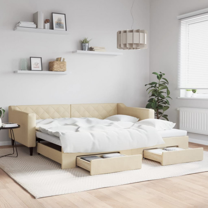 Sofa rozsuwana z szufladami, kremowa, 100x200 cm, tkanina