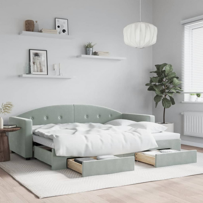 Sofa rozsuwana z szufladami, jasnoszara, 80x200 cm, aksamit