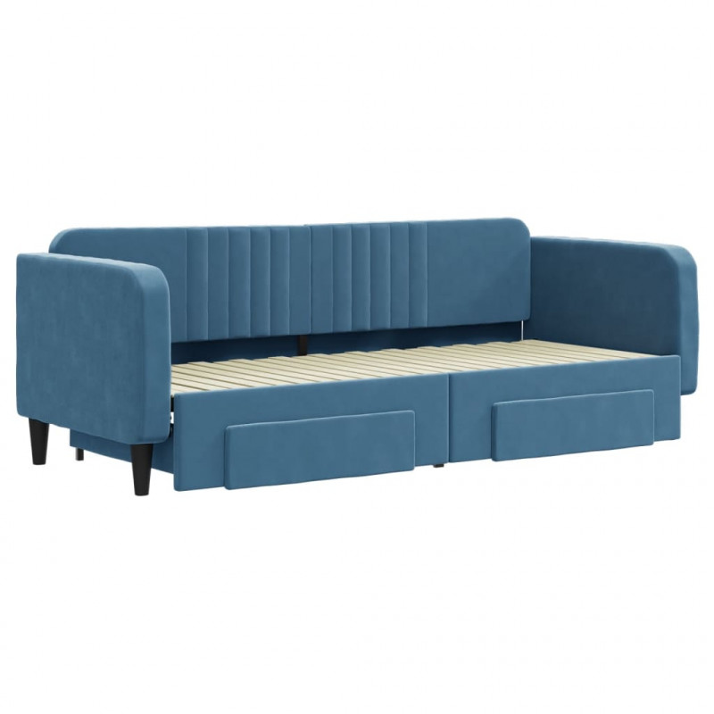 Sofa rozsuwana z szufladami, niebieska, 80x200 cm, aksamit