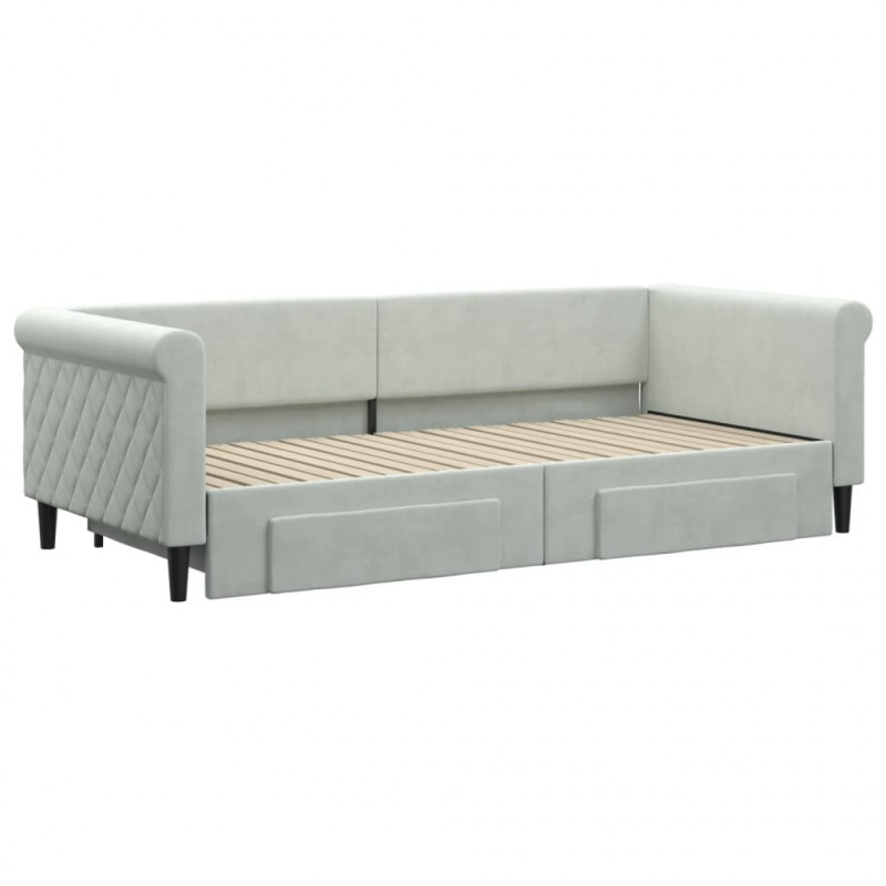 Sofa rozsuwana z szufladami, jasnoszara, 90x200 cm, aksamit