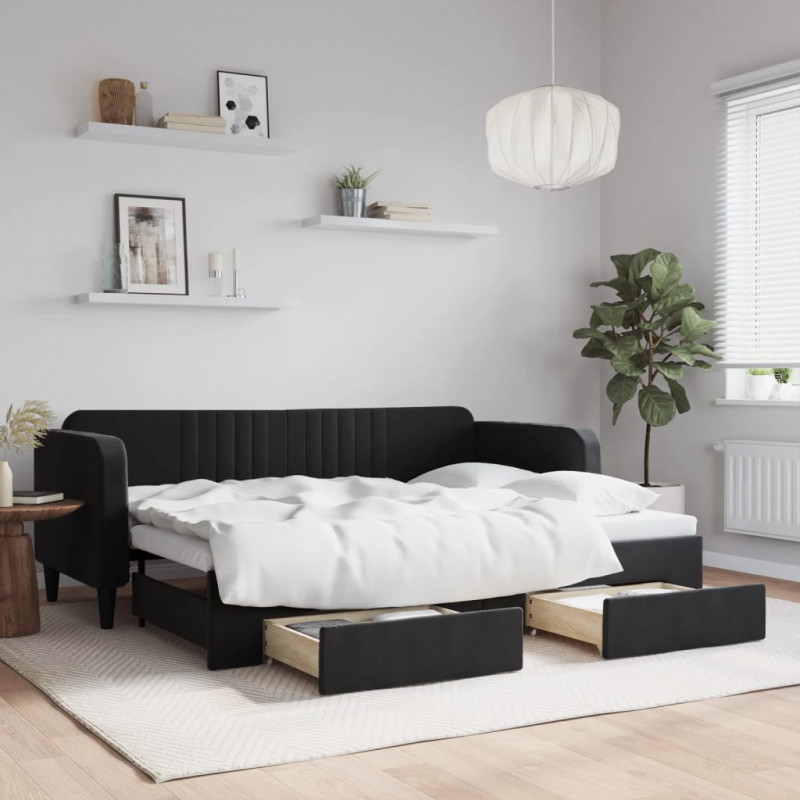 Sofa rozsuwana z szufladami, czarna, 80x200 cm, aksamit