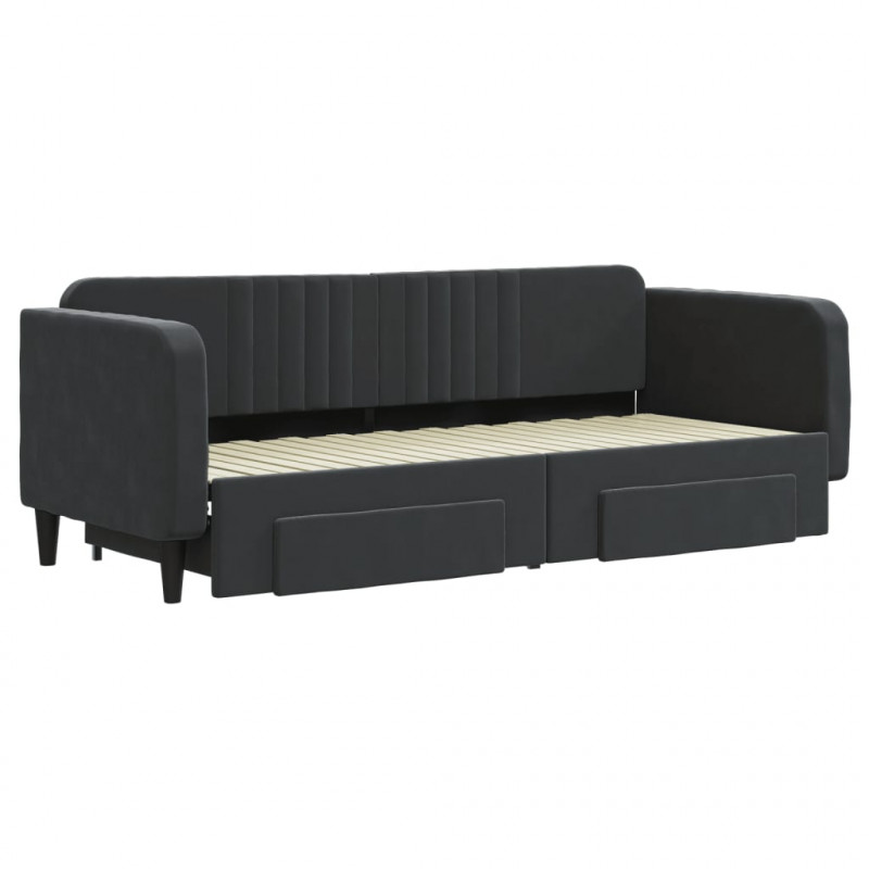 Sofa rozsuwana z szufladami, czarna, 80x200 cm, aksamit