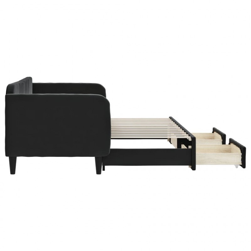 Sofa rozsuwana z szufladami, czarna, 80x200 cm, aksamit
