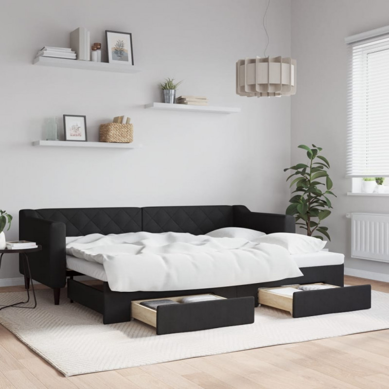 Sofa rozsuwana z szufladami, czarna, 80x200 cm, tkanina