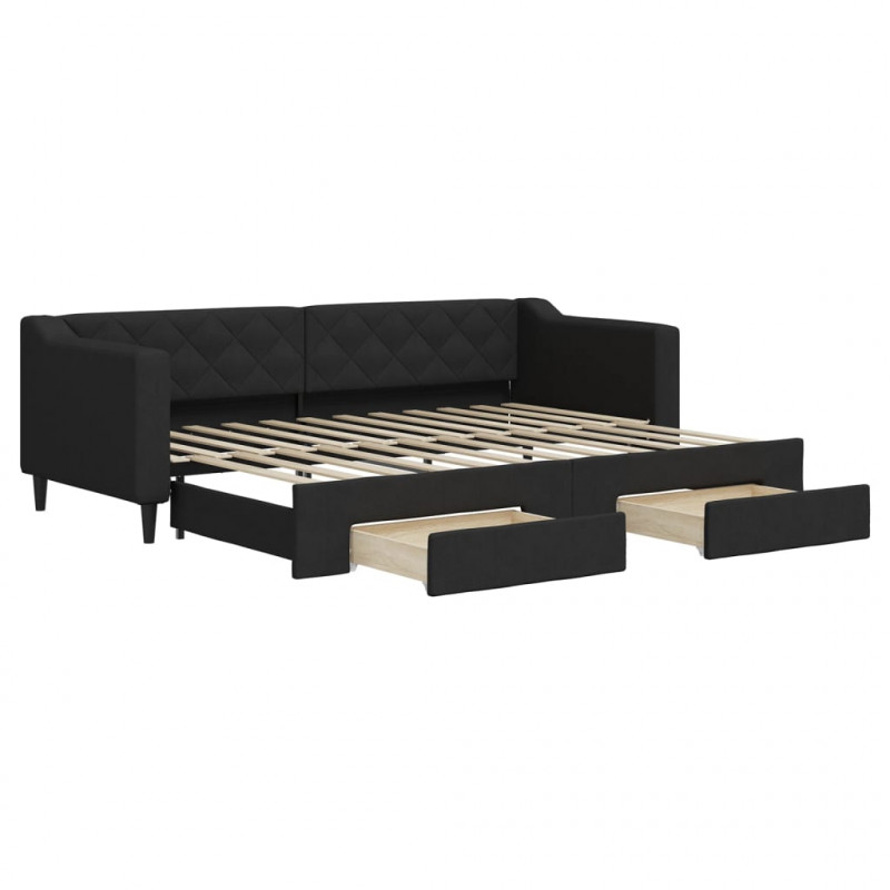 Sofa rozsuwana z szufladami, czarna, 80x200 cm, tkanina