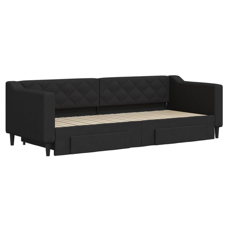 Sofa rozsuwana z szufladami, czarna, 80x200 cm, tkanina