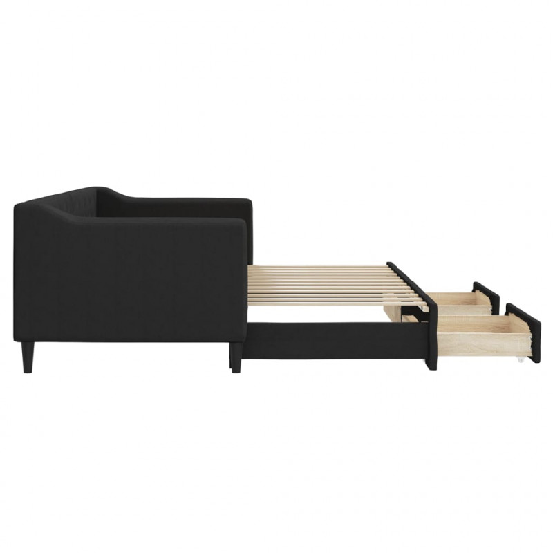 Sofa rozsuwana z szufladami, czarna, 80x200 cm, tkanina