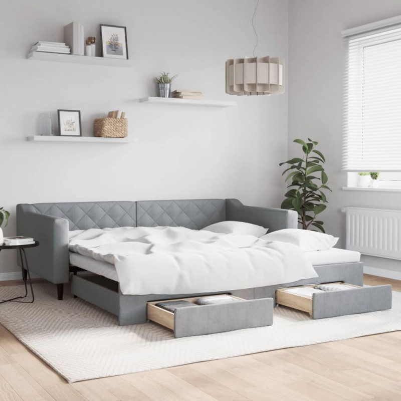 Sofa rozsuwana z szufladami, jasnoszara, 100x200 cm, tkanina