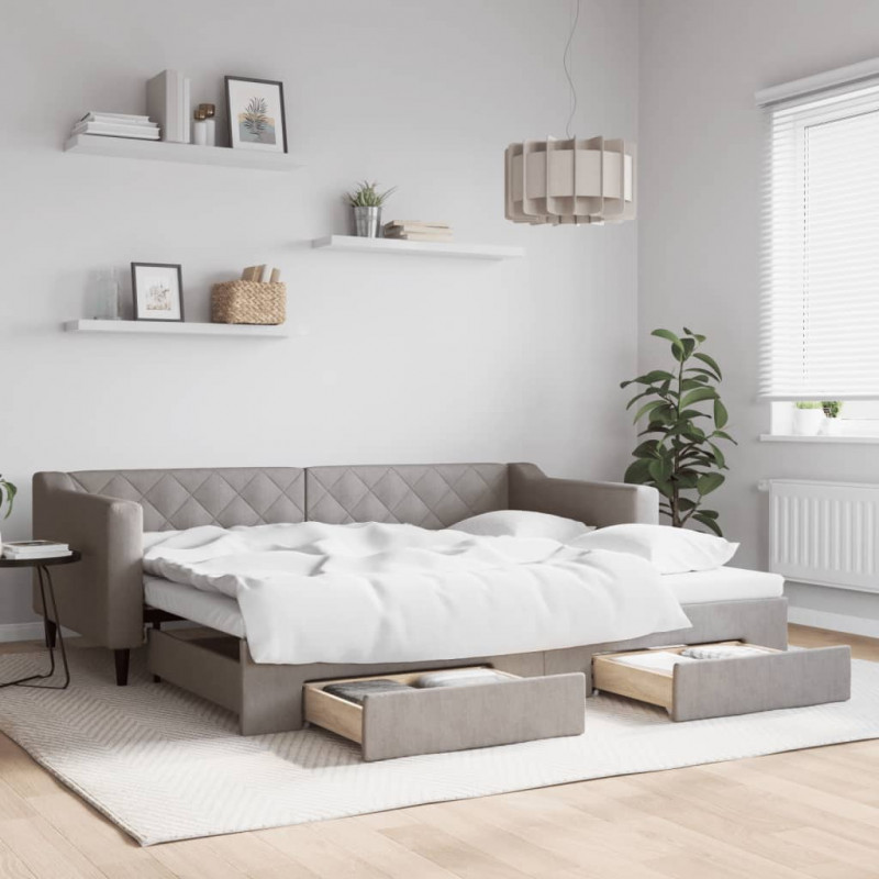 Sofa rozsuwana z szufladami, taupe, 90x200 cm, tkanina