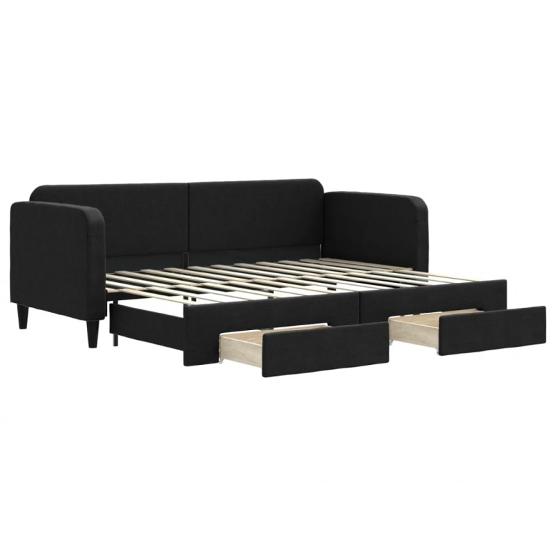 Sofa rozsuwana z szufladami, czarna, 80x200 cm, tkanina