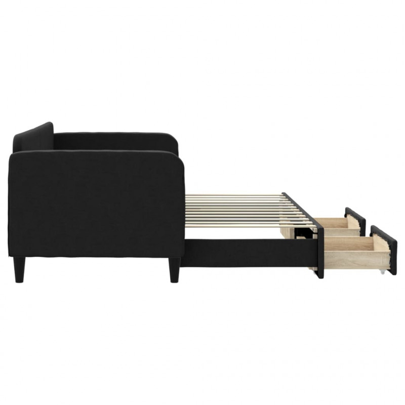Sofa rozsuwana z szufladami, czarna, 80x200 cm, tkanina