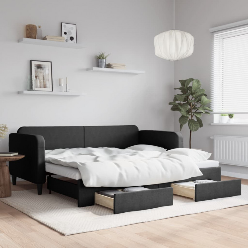 Sofa rozsuwana z szufladami, czarna, 90x200 cm, tkanina