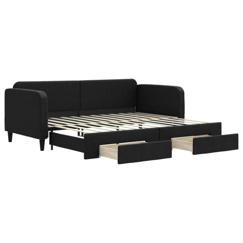 Sofa rozsuwana z szufladami, czarna, 90x200 cm, tkanina