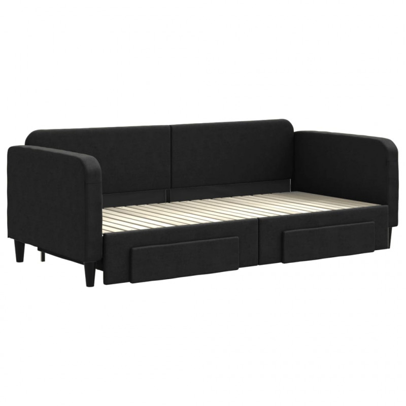 Sofa rozsuwana z szufladami, czarna, 90x200 cm, tkanina