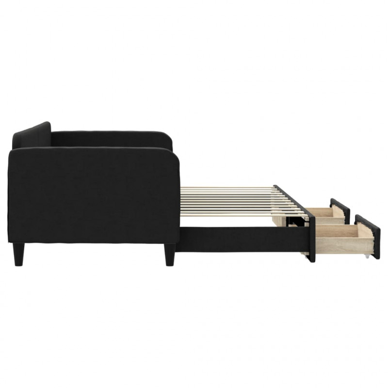 Sofa rozsuwana z szufladami, czarna, 90x200 cm, tkanina