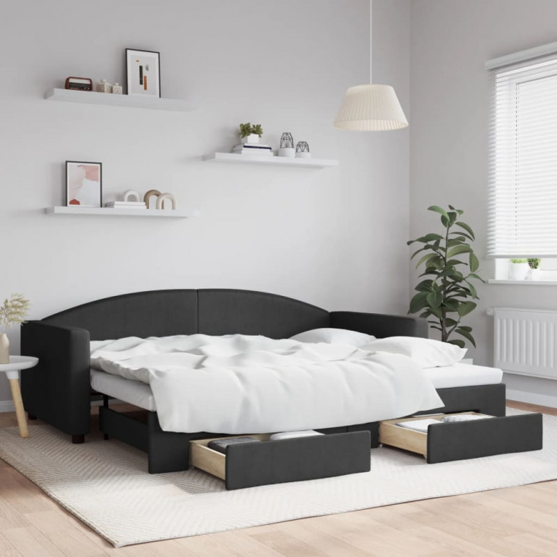 Sofa rozsuwana z szufladami, czarna, 90x200 cm, tkanina