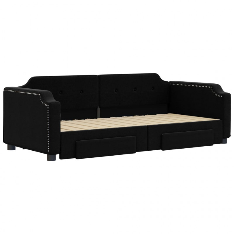Sofa rozsuwana z szufladami, czarna, 90x200 cm, tkanina