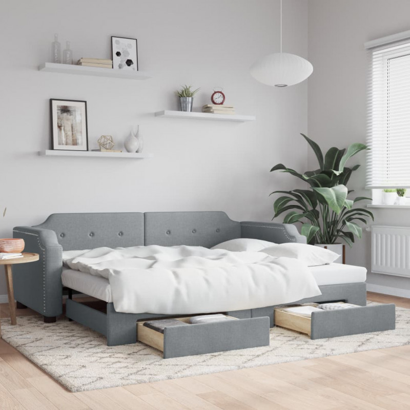Sofa rozsuwana z szufladami, jasnoszara, 90x200 cm, tkanina