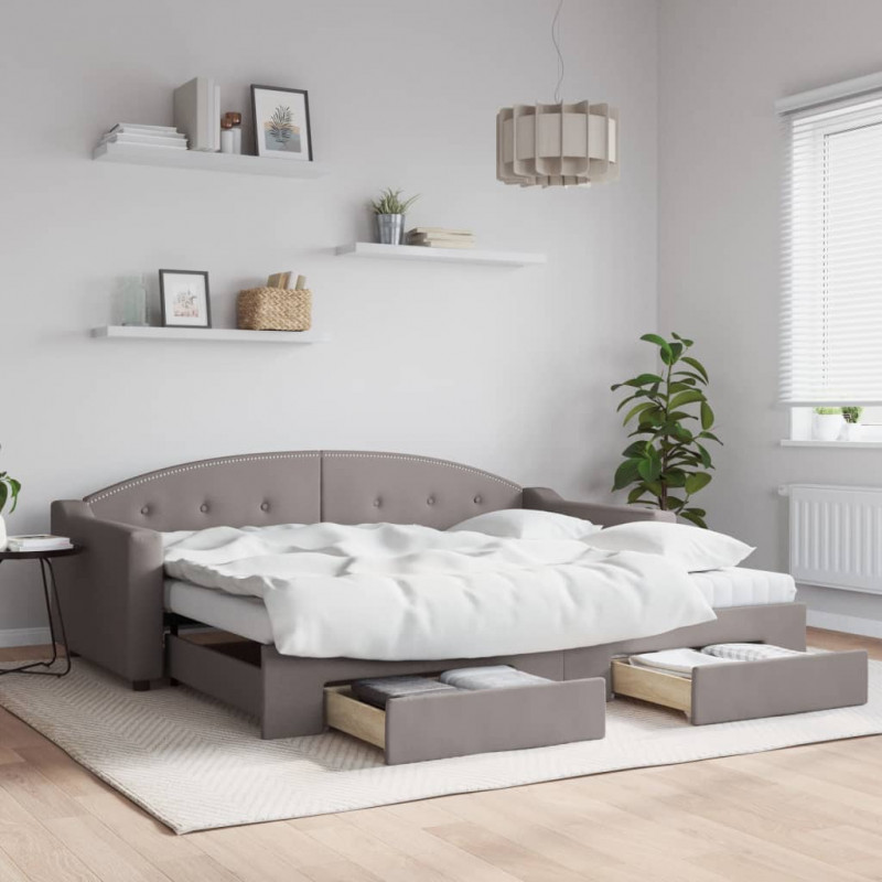 Sofa rozsuwana z szufladami, taupe, 90x200 cm, tkanina