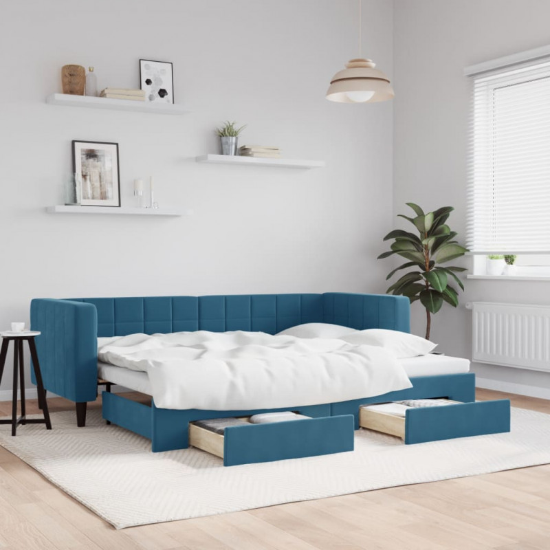 Sofa rozsuwana z szufladami, niebieska, 80x200 cm, aksamit
