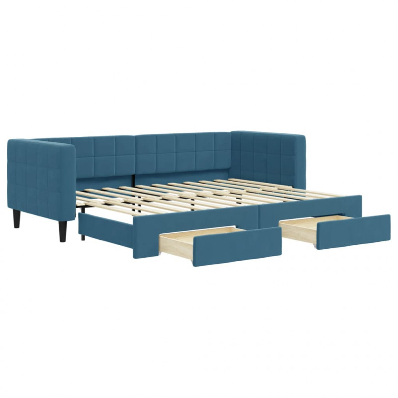 Sofa rozsuwana z szufladami, niebieska, 80x200 cm, aksamit