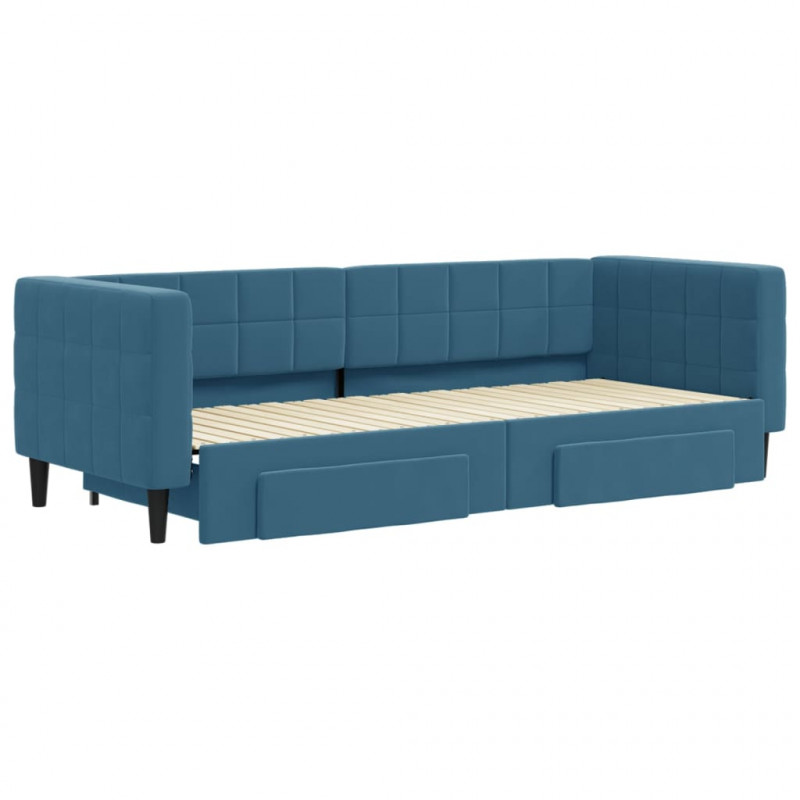 Sofa rozsuwana z szufladami, niebieska, 80x200 cm, aksamit