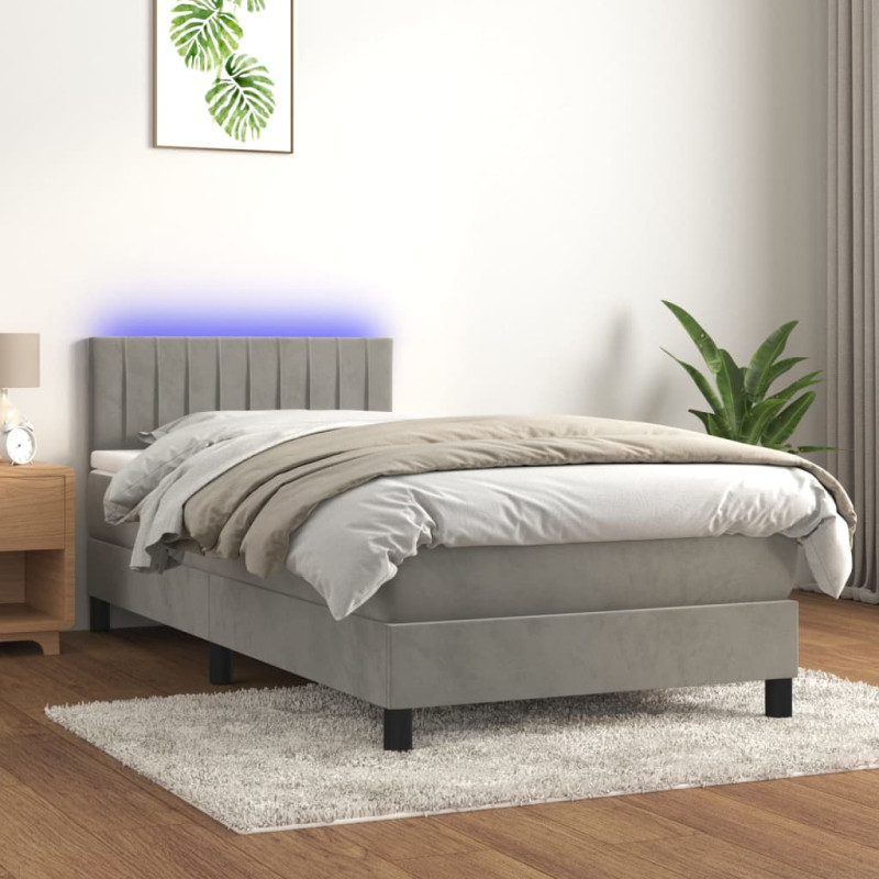 Łóżko kontynentalne z materacem i LED, szare 90x200 cm, aksamit