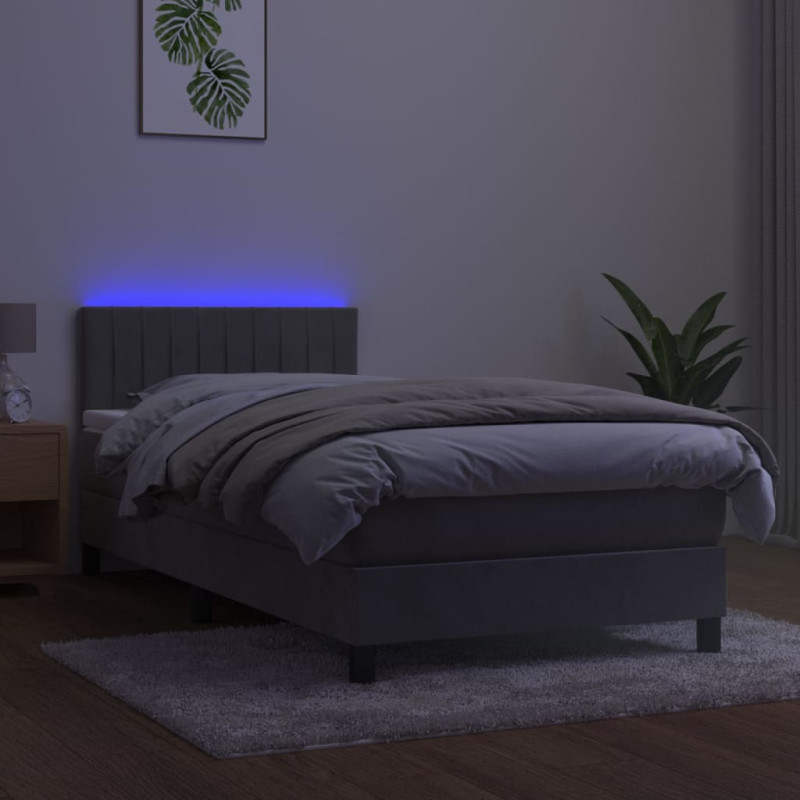 Łóżko kontynentalne z materacem i LED, szare 90x200 cm, aksamit