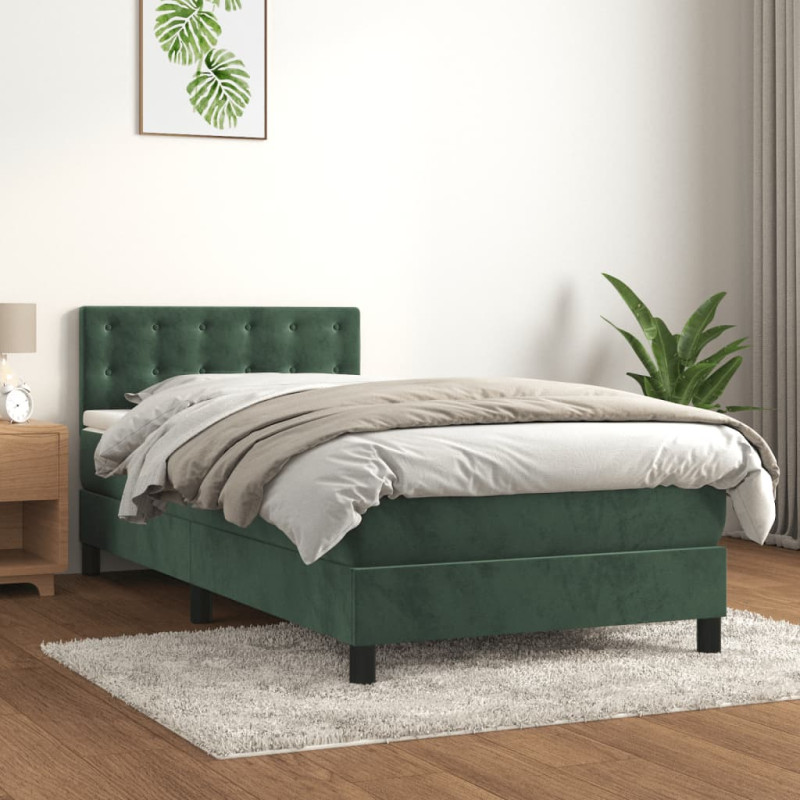 Łóżko kontynentalne z materacem i LED zielony aksamit 90x200 cm