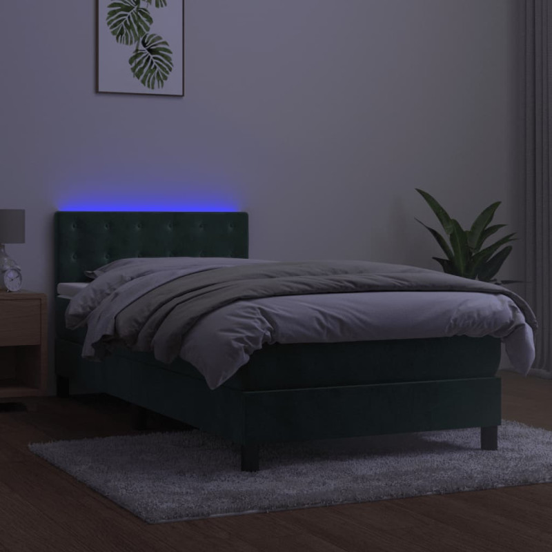 Łóżko kontynentalne z materacem i LED zielony aksamit 90x200 cm