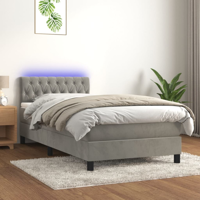 Łóżko kontynentalne z materacem i LED, szare 90x190 cm, aksamit