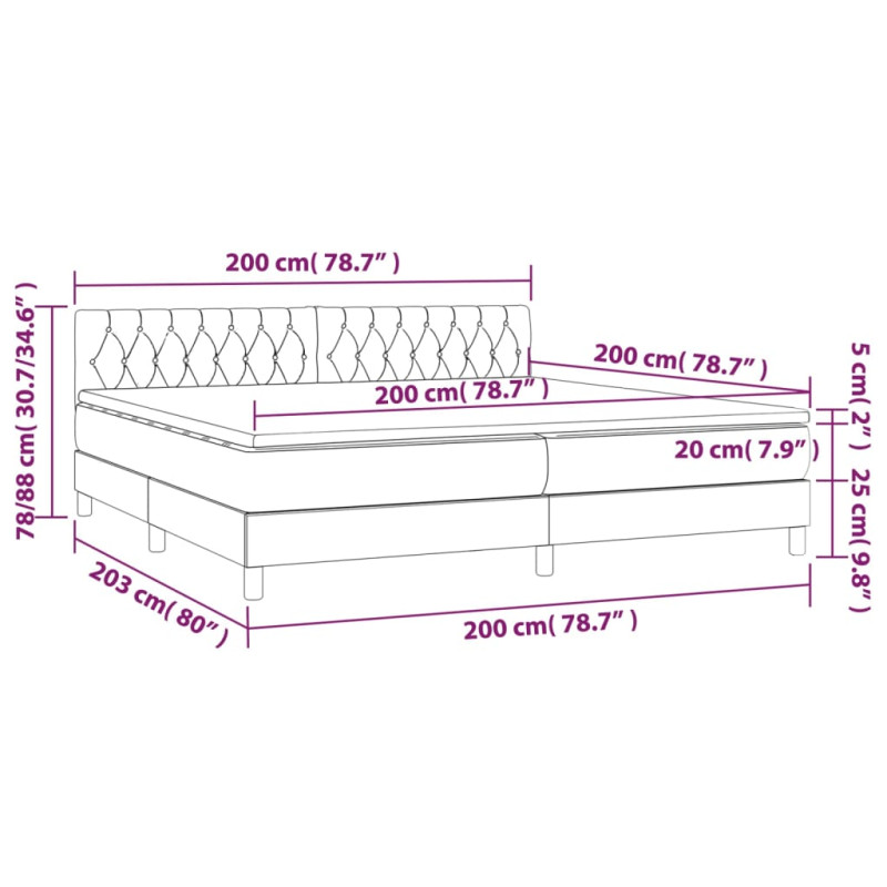 Łóżko kontynentalne, materac i LED, niebieski aksamit 200x200cm