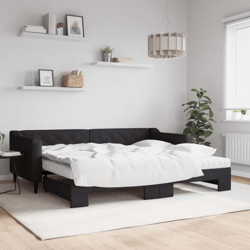 Sofa rozsuwana z materacami, czarna, 90x200 cm, tkanina