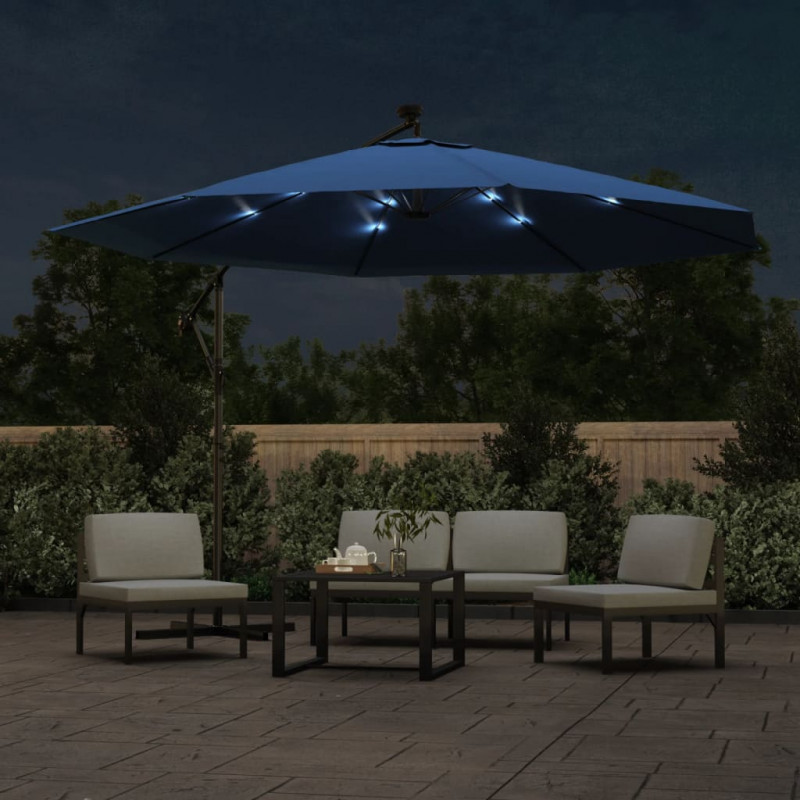 Parasol ogrodowy z LED, wiszący, niebieski, 350 cm